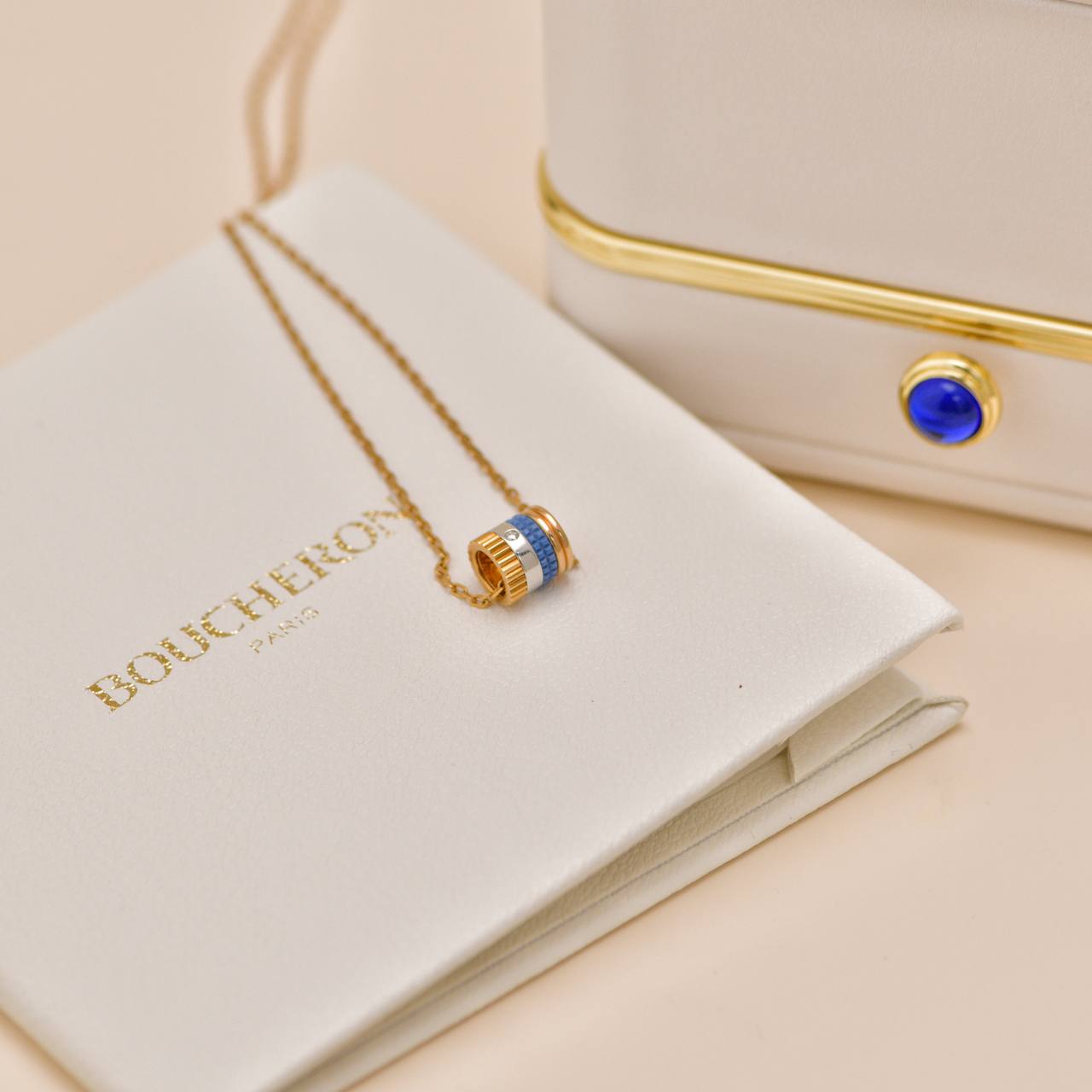 Boucheron Quatre Blue Edition Mini Pendant Necklace 18K Rose Yellow White Gold Ceramic